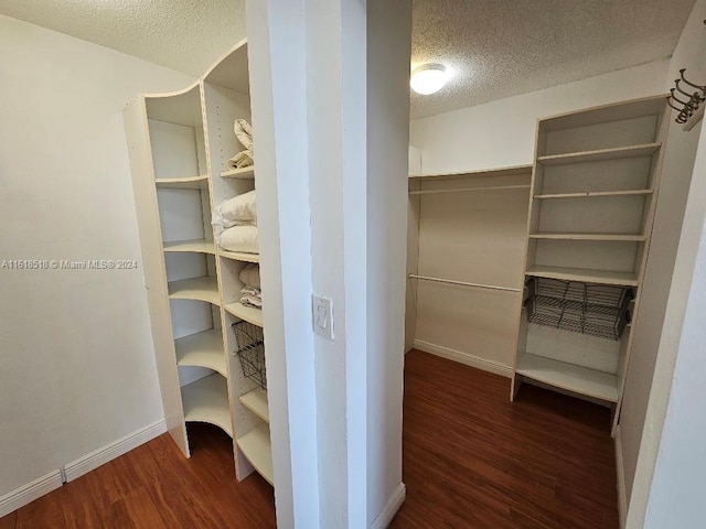 walk in closet with dark hardwood / wood-style floors