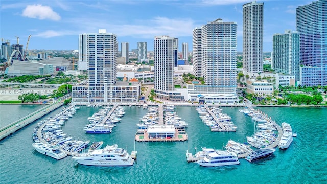 aerial view featuring a water view