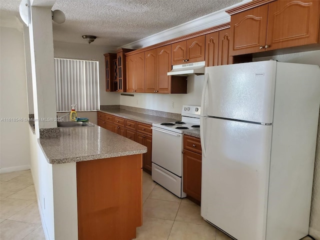 kitchen featuring white appliances, sink, kitchen peninsula, a textured ceiling, and light tile patterned flooring