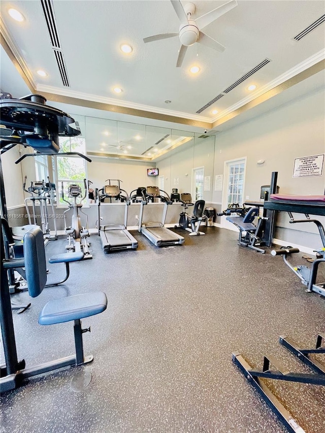 exercise room featuring ceiling fan and ornamental molding