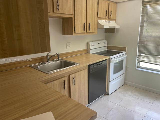 kitchen with light tile patterned flooring, white electric range, black dishwasher, and sink