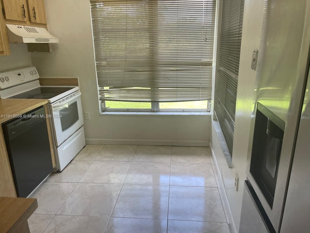 kitchen with white electric stove, light tile patterned floors, and black dishwasher