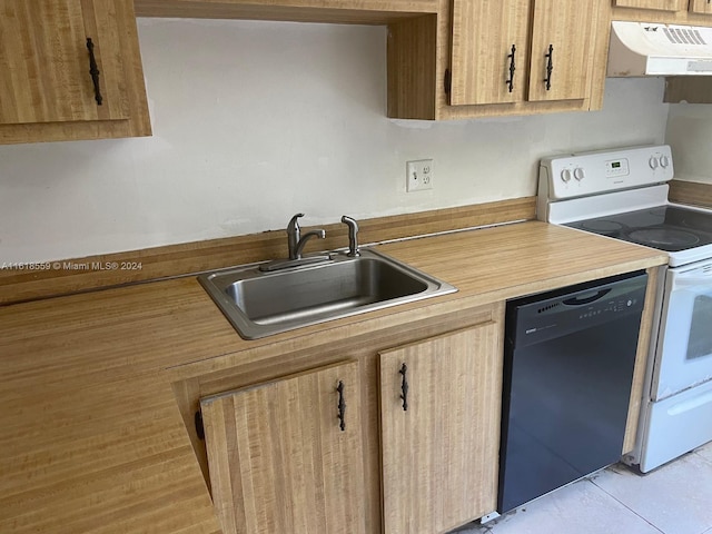 kitchen with light tile patterned flooring, range with electric stovetop, black dishwasher, and sink