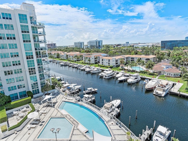 bird's eye view with a water view