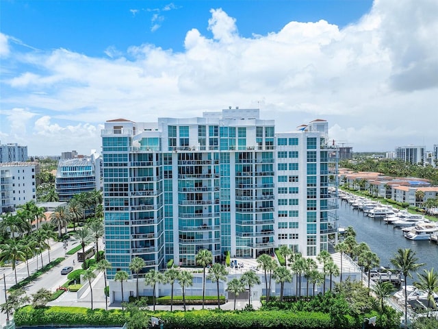 view of building exterior with a water view