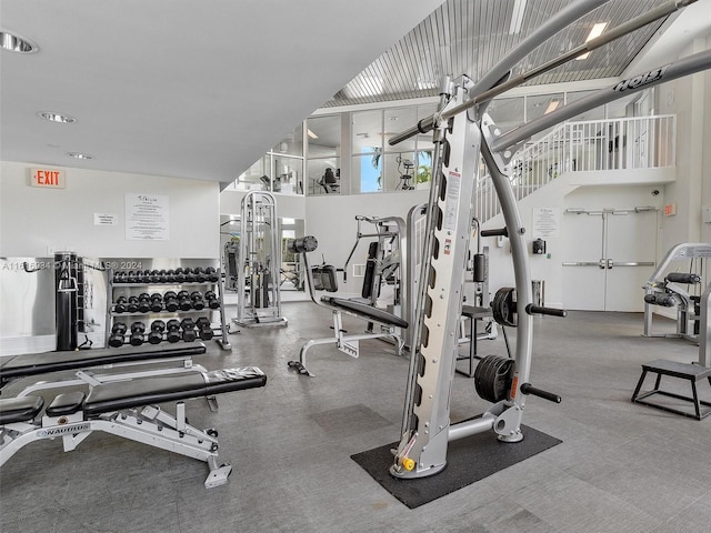 gym featuring a towering ceiling