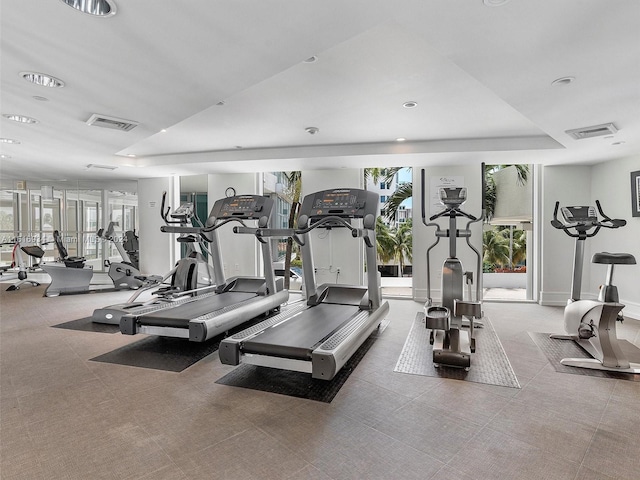 exercise room featuring carpet and a tray ceiling