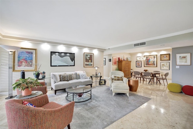 living area with marble finish floor, visible vents, crown molding, and baseboards