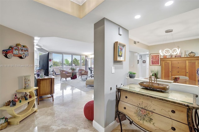 hall with recessed lighting, visible vents, baseboards, ornamental molding, and floor to ceiling windows