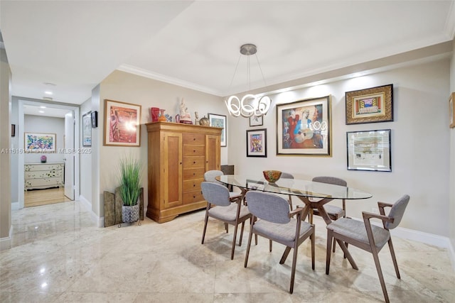 dining area with crown molding, marble finish floor, and baseboards