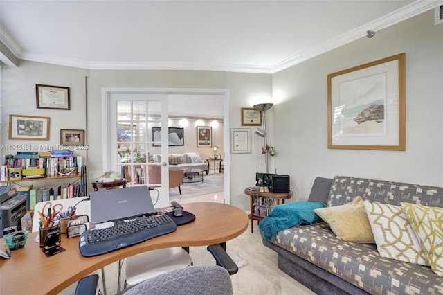 office area with visible vents and crown molding