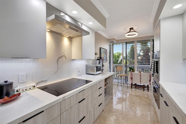 kitchen featuring tasteful backsplash, modern cabinets, black electric cooktop, crown molding, and ventilation hood