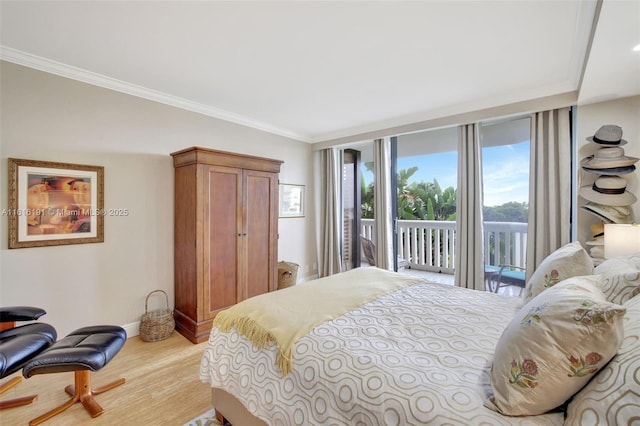 bedroom with light wood finished floors, access to outside, baseboards, and crown molding