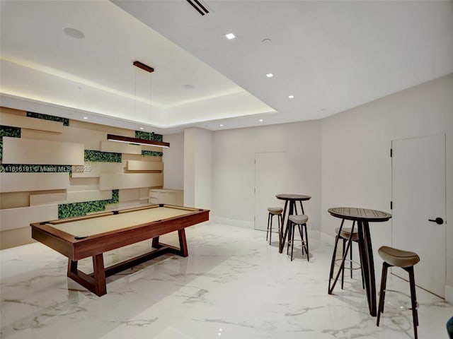 rec room with recessed lighting, billiards, visible vents, marble finish floor, and a tray ceiling