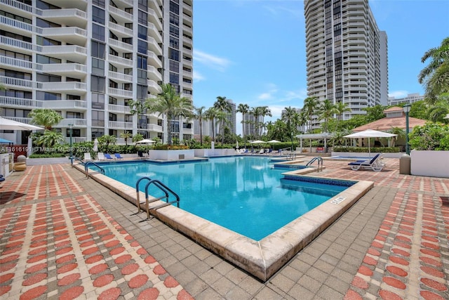 community pool with a patio area