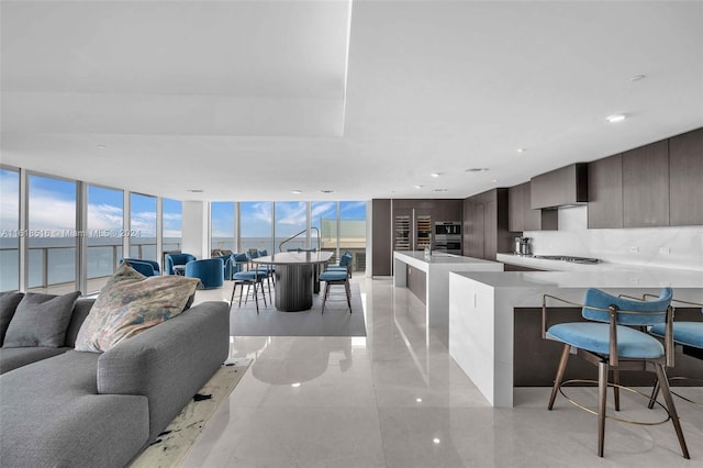 living room featuring a water view and a wall of windows