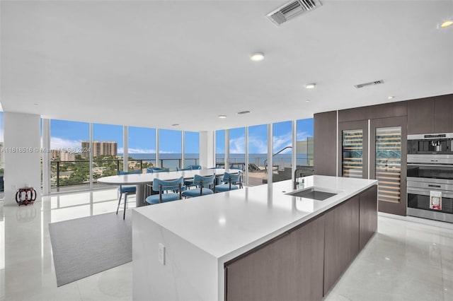 kitchen with expansive windows, dark brown cabinets, a large island, and sink