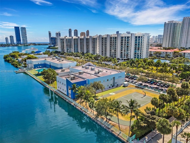 aerial view featuring a water view