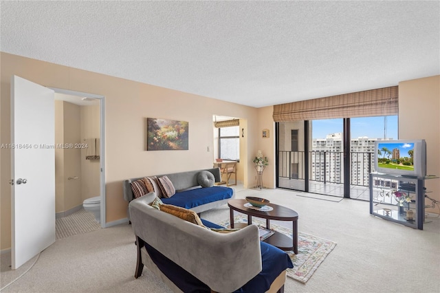 carpeted living room featuring a textured ceiling