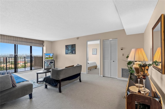 carpeted living room featuring a textured ceiling