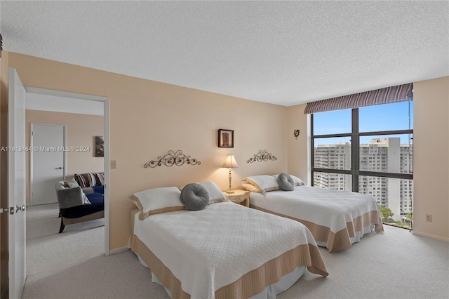 carpeted bedroom with a textured ceiling