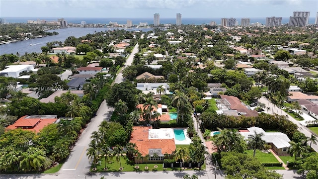 drone / aerial view featuring a water view