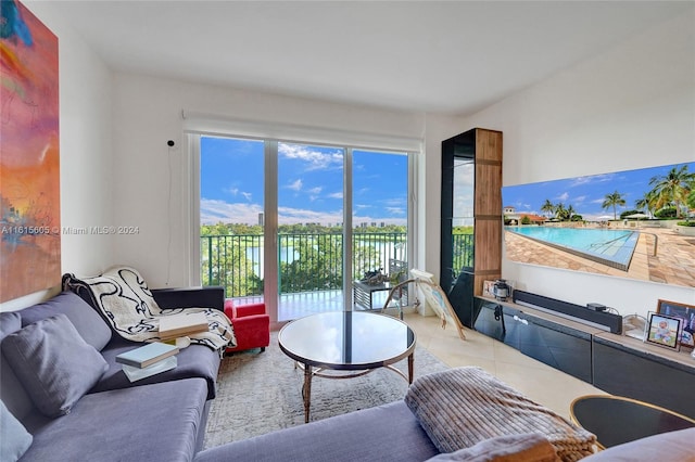 living room with tile patterned floors