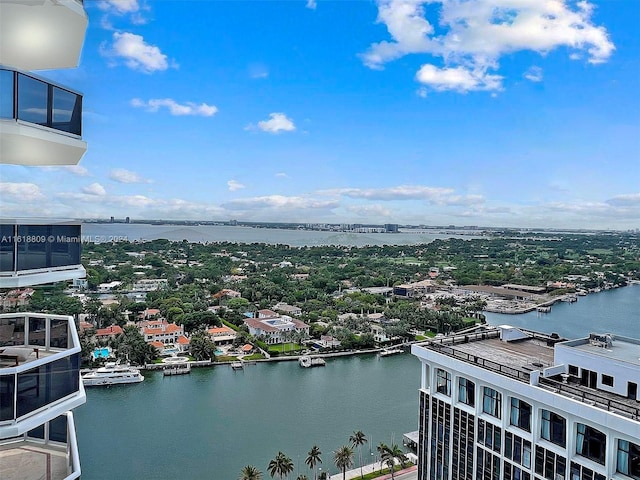 aerial view featuring a water view