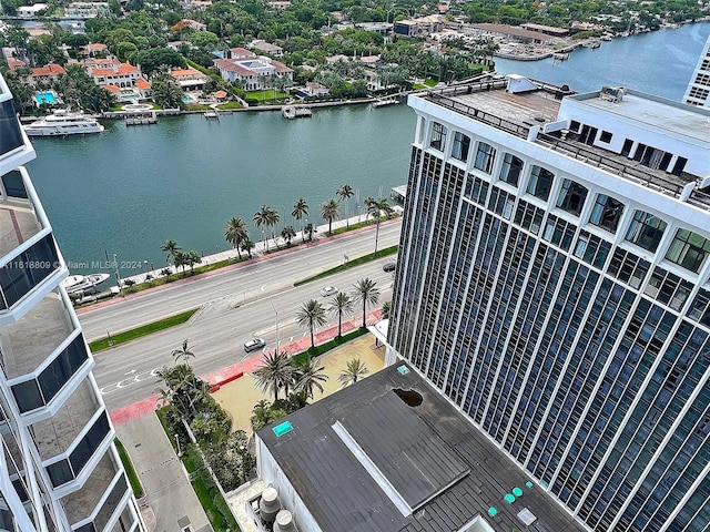 bird's eye view with a water view