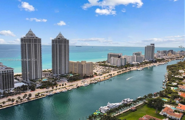 bird's eye view with a water view and a view of city
