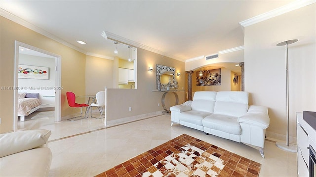 living room with visible vents, ornamental molding, and light tile patterned floors