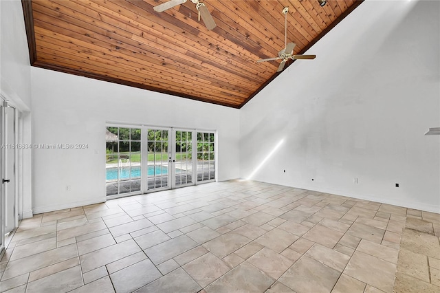 unfurnished living room featuring high vaulted ceiling, ceiling fan, and wooden ceiling