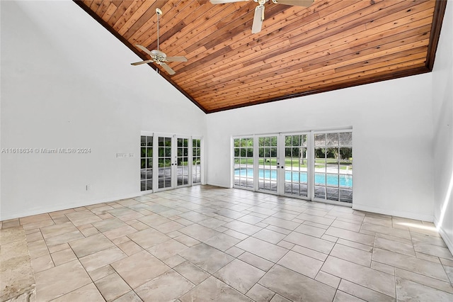 unfurnished room featuring ceiling fan, wood ceiling, high vaulted ceiling, and french doors