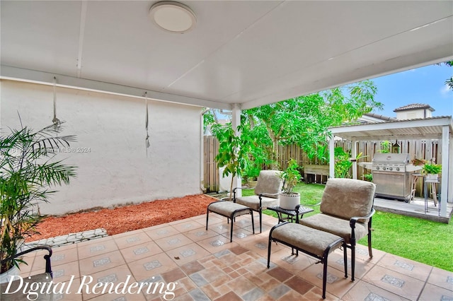 view of patio featuring a pergola and area for grilling