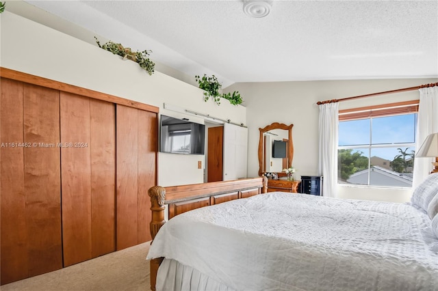 bedroom with a textured ceiling, a closet, and lofted ceiling