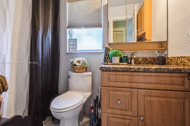 bathroom with a shower with curtain, toilet, and vanity