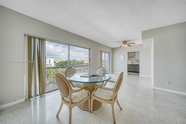 dining room with ceiling fan, a textured ceiling, and plenty of natural light