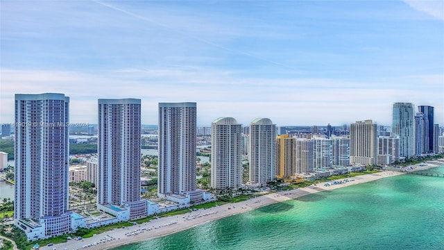 drone / aerial view featuring a water view and a view of the beach