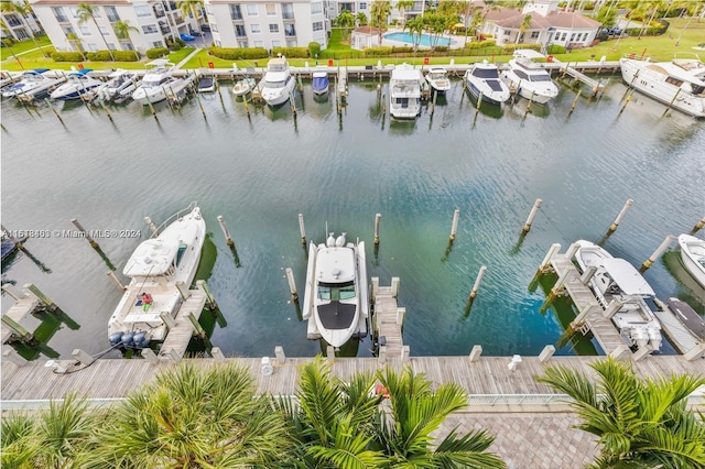 drone / aerial view with a water view