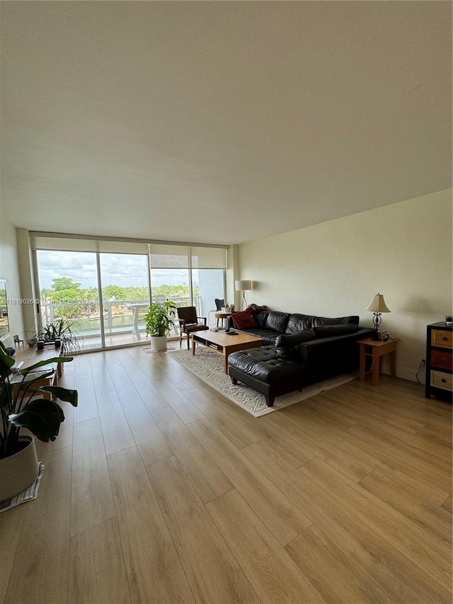 living room with wood-type flooring and floor to ceiling windows