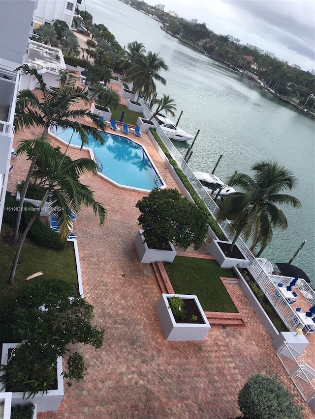 aerial view featuring a water view