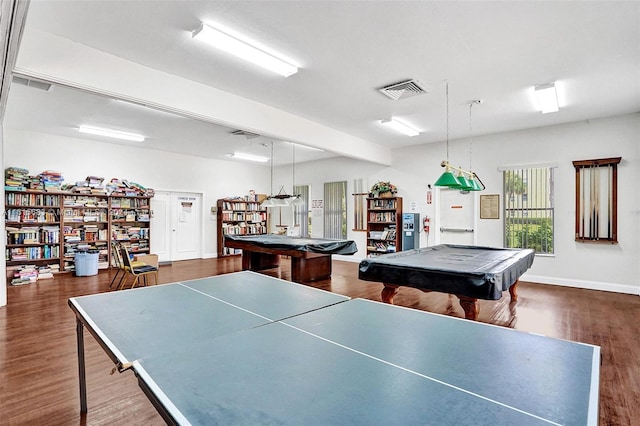 game room with pool table and dark wood-type flooring