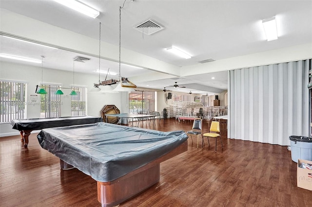 playroom featuring dark hardwood / wood-style floors, billiards, and ceiling fan