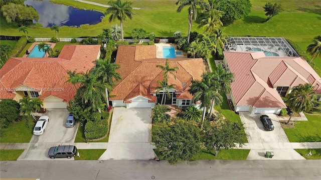 bird's eye view with a water view