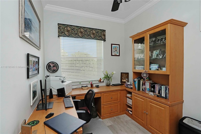 home office with ceiling fan, ornamental molding, and light hardwood / wood-style floors