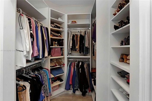 walk in closet featuring light hardwood / wood-style flooring