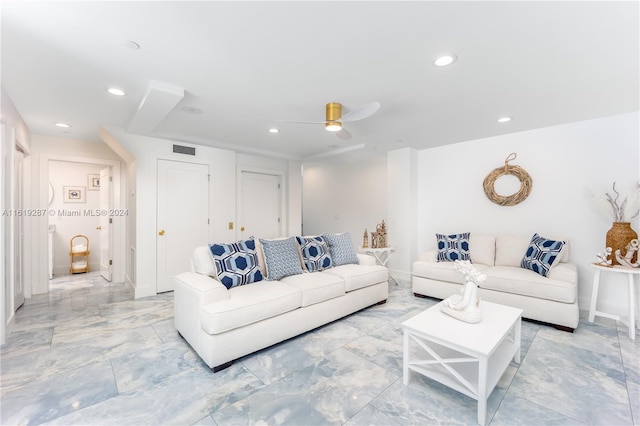 living room with ceiling fan