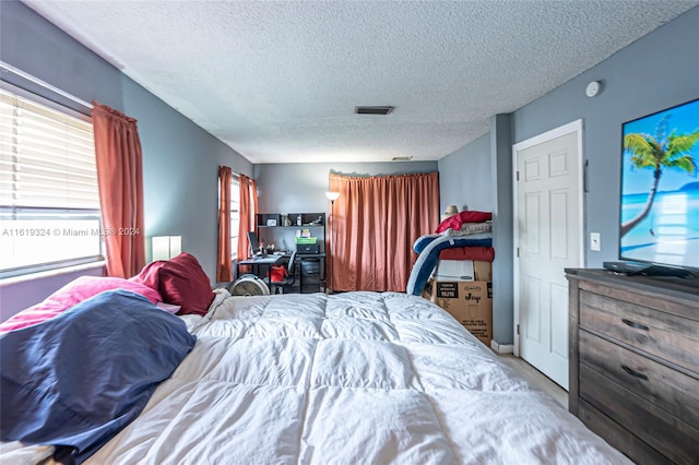 bedroom featuring multiple windows and a textured ceiling