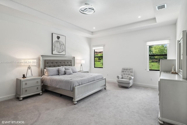 carpeted bedroom with a tray ceiling and multiple windows