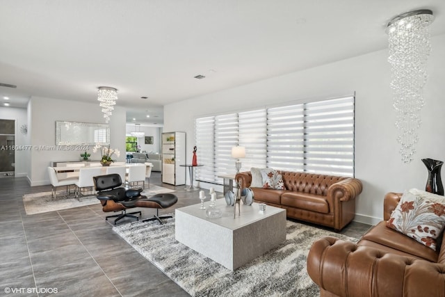 living room featuring an inviting chandelier